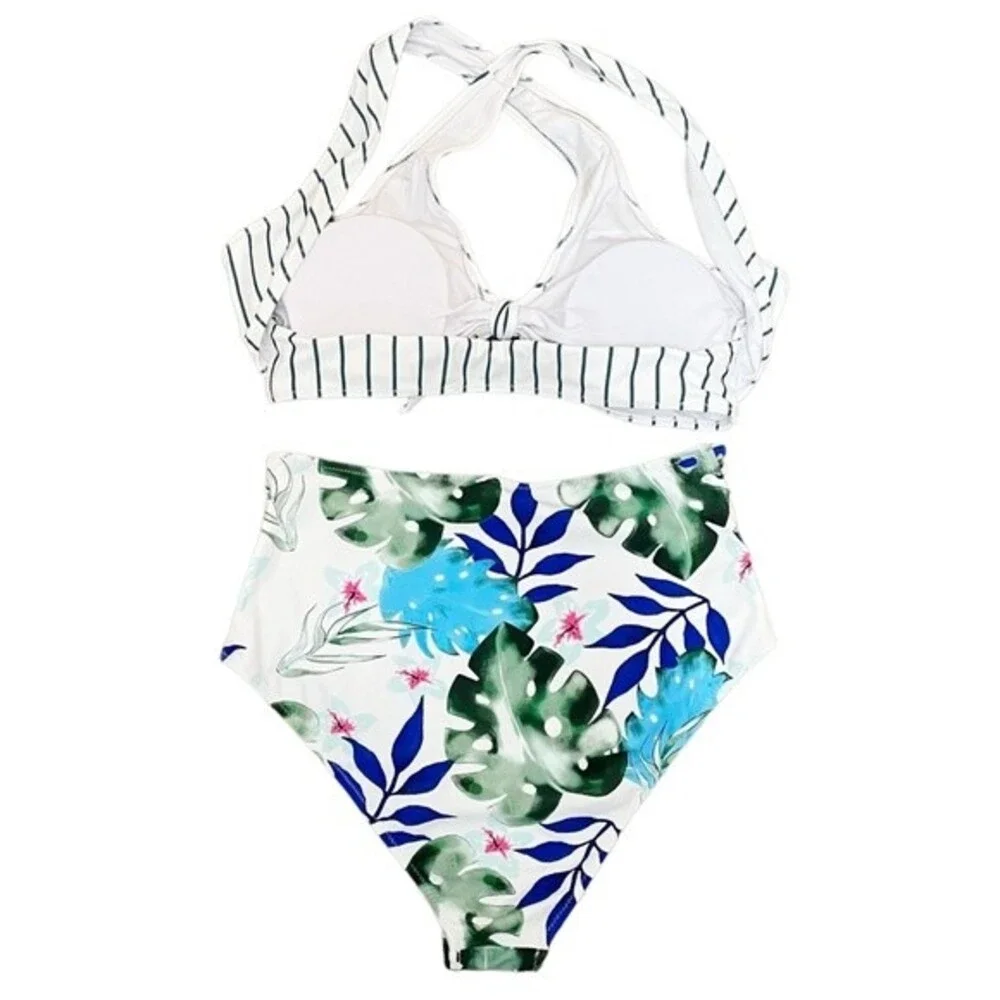NWT Cupshe Two Piece Swimsuit Tropical Floral Cutout Brief Stripe Halter Top XL